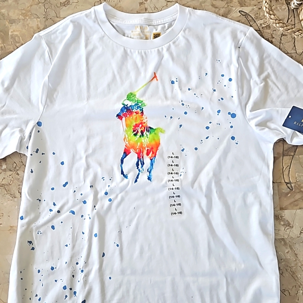 BNWT BOYS POLO RALPH LAUREN PAINT SPLATTER T SHIRT. RETAILS $49.50.  Size LARGE